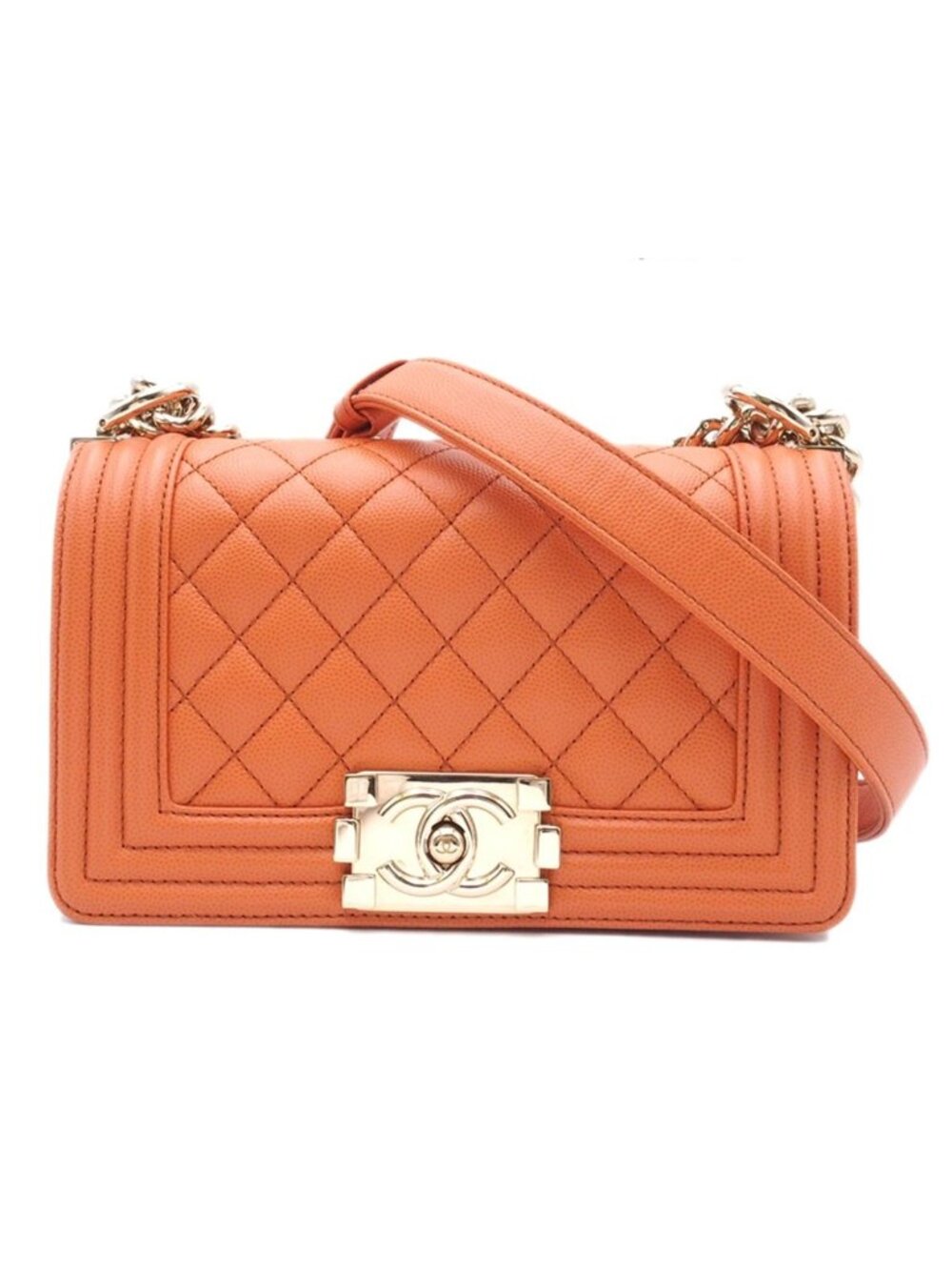 Chanel Chain Shoulder Bag Boy 20 Orange Gold Caviar Leather